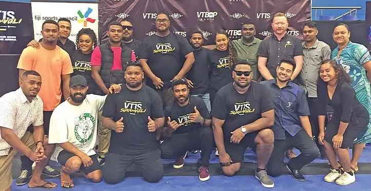 VT1/VT Bop Music group members with Paradise Roots and Yanu Boys as they team-up with Fiji Sports Council on the launch of their concert at the Vodafone Arena in Suva on August 3, 2023. Photo: Ioane Asioli