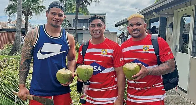 Malakai Fekitoa, middle, and his two Tongan team-mates after their training run in Nadi on June 22, 2022.