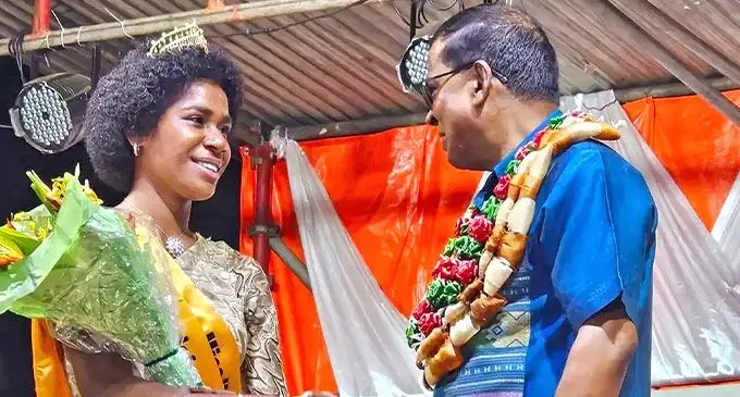 Deputy Prime Minister Biman Prasad congratulating Miss Vodafone Gold ‘N’ Water, Tokasa Nadagalu on September 21, 2024.