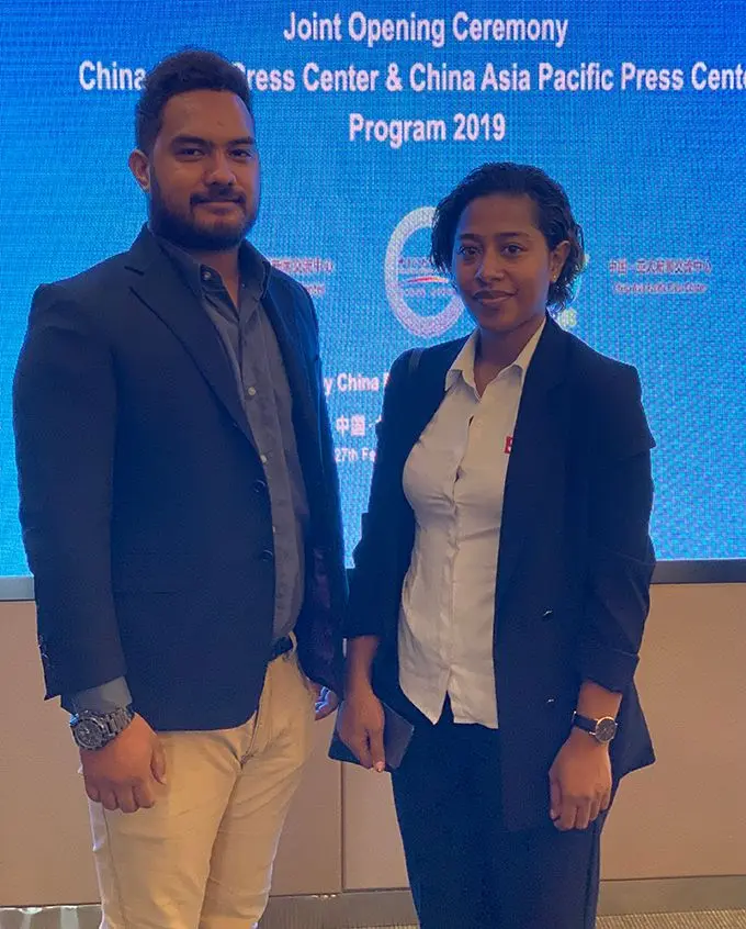Fiji Sun senior journalist Fonua Talei (right)  with Tongan journalist Metuisela Pohiva at the opening ceremony of the China Public Diplomacy Association 2019 programme 