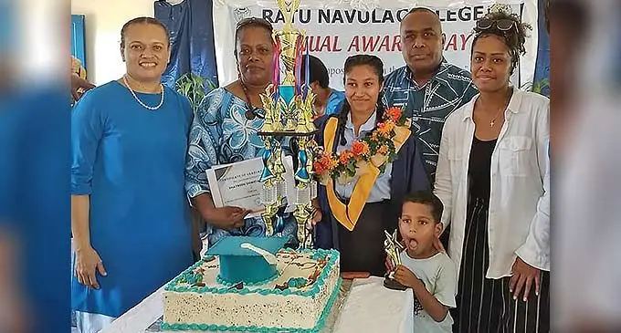 Ratu Navula College dux Shayreen Shweta Chand with guardian and teacher. Photo: Waisea Nasokia