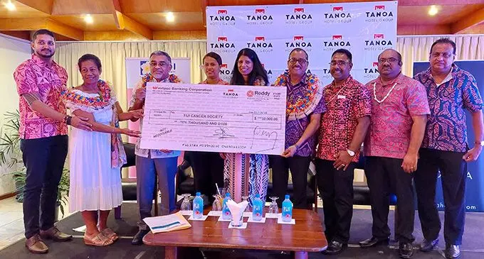 From left: Tanoa Hotel Group Tonga operations manager, Sheron Kumar, Fiji Cancer Society board member and western support group chair, Milika Marshall, Ministry of Health and Medical Services permanent secretary, Dr James Fong, Tanoa Waterfront Hotel manager, Vularewa Seru, Reddy Group director, Kamini Reddy, Tanoa Hotel Group area general manager (Fiji), Narend Kumar, Group Sales and Revenue Manager, Kushend Kumar, Tanoa International Hotel general manager, Daniel Roy and Tanoa Skylodge Hotel general manager, Raj Singh at the Tanoa International Hotel in Nadi on October 21, 2022. Photo: Nicolette Chambers.