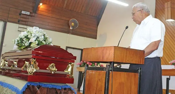 Prime Minister Voreqe Bainimarama farewells the late Filipe Bole during his funeral service at the Wesley City Mission Church in Suva on June 22,2019. Photo: Simione Haravanua