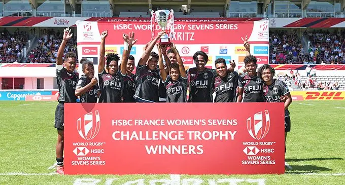 Fiji Airways Fijiana side celebrate  Challenge trophy.  Photo: World Rugby