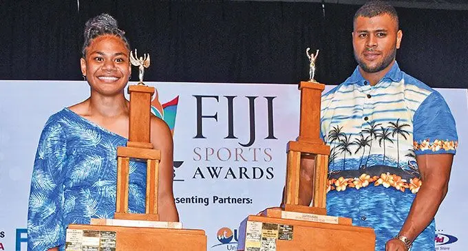 Fiji Sports Council Sportswoman and Sportsman of the year from left: Weightlifters Miriama Taletawa and Taniela Rainibogi at the 2023 Fiji Sports Awards in Suva on September 1, 2024. Photo: DEPTFO