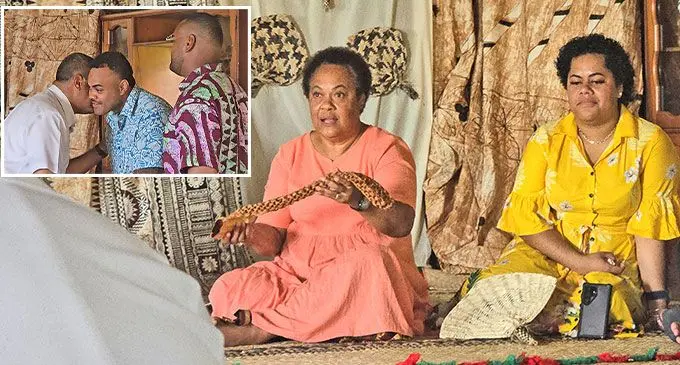 The ceremony also moved Radini Levuka, Adi Varanisese, who received the 'i soro' from the military delegation, led by the RFMF Commader, Major-General Ro Jone Kalouniwai. On the right is Adi Varanisese's daughter, Adi Salote Cakobau. INSET: RFMF Commander Major-General Ro Jone Kalouniwai, greets one of Ratu Epenisa Cakobau's son, Ratu Tevita Naulivou Cakobau, after the presentation on Bau Island on February 19, 2025. Photos: Beranadeta Nagatalevu