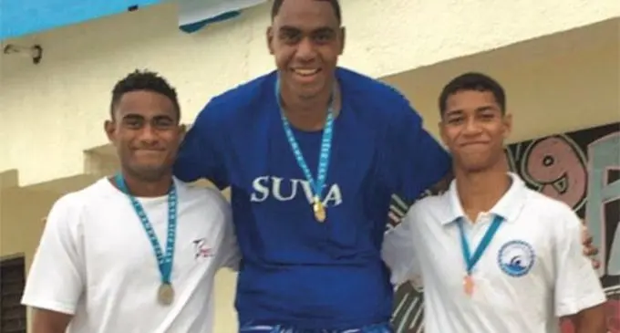 From left; Netani Ross, Epeli Rabua and Hansel McCaig at Damodar Aquatic Centre on April 18, 2019. Photo: FASANOC