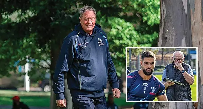 Swire Shipping Fijian Drua head coach Mick Byrne in Melbourne. Photo: Fijian Drua/ Inset: Wallabies assistant coach and former All Blacks scrum guru Mike Cron works with the Rebels forwards in Melbourne, Australia, on April 3, 2024. Also with him was Wallabies head coach Joe Schmidt. Photo: Melbourne Rebels