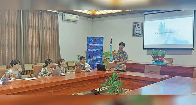 From left: Social Innovation Fiji members Natsuko Muguruma, Momiji Azeno,Mao Shono, founder Akifumi Kawakami and Kazuki Kenjo at the Lautoka City Council Chambers on February 27, 2023. Photo: Salote Qalubau