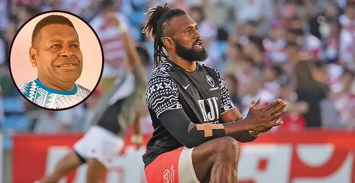 Flying Fijians captain, Waisea Nayacalevu.  Inset: Off to France next week is Waisea Nayacalevu's father, Waisale Natuna. He is wearing his Tee-shirt, specially designed for the 2023 Rugby World Cup. Photo: Karalaini Waqanidrola