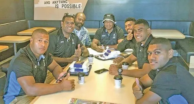 Players and officials at Nadi International Airport on October 27, 2020 ready to join the Flying Fijians in France for the Autumn Nations Cup. From left: Jone Koroiduadua, Chris Minimbi, Sakiusa Naika Snr, Josua Vuto (video analyst), Frank Lomani, Samusamuvodre Tuidraki and Peni Matawalu. Photo: Waisea Nasokia