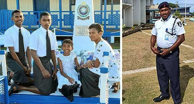 The late Police Corporal, Sakiusa Dogo Vakau’s wife Laniana Musuqawa, daughter, Elisha Merewalesi and sons (left) Paula Vakau Dogo and Mosese Cio Dogo, during the Northern Division Police Remembrance Service at Labasa Police Station on September 29. (R) The late Police Corporal, Sakuisa Dogo Vakau.