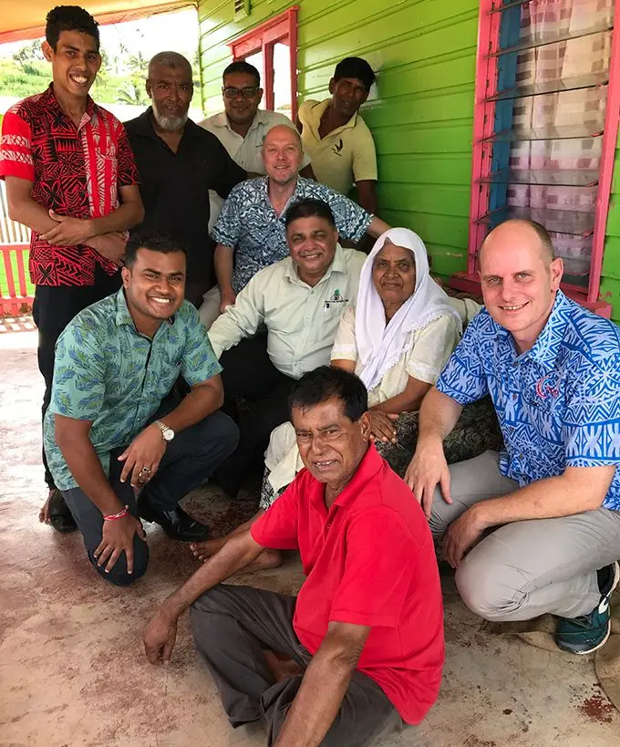 Amina Bi (middle) with Sugar Cane Growers Fund chief executive officer Raj Sharma, United Nations Capital Development Fund digital  manager Francois Coupienne, Pacific Financial Inclusion Programme manager Bram Peters, farmers and stakeholders after the  meeting at Solove in Labasa on February 11, 2020.  Photo: Shratika Naidu