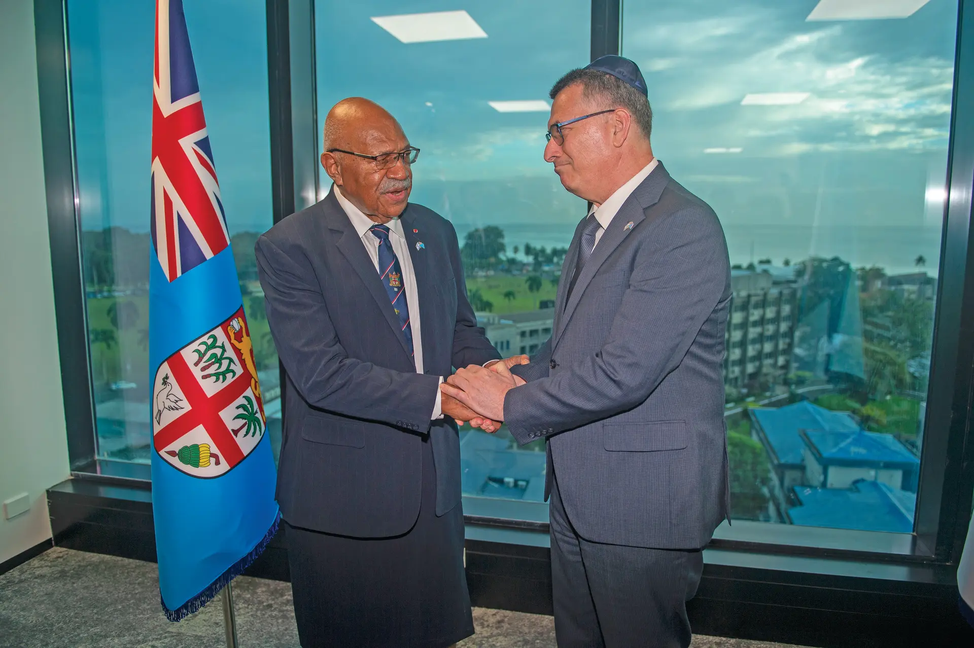 Prime Minister Sitiveni Rabuka, Israel’s Foreign Minister, Gideon Sa’ar, at the new Israel Embassy headquarters in Suva on June 2, 2026. The embassy is located on level 9 of the new Fijian Holdings Limited (FHL) Tower, at the corner of Thurston and Gordon streets in the capital.