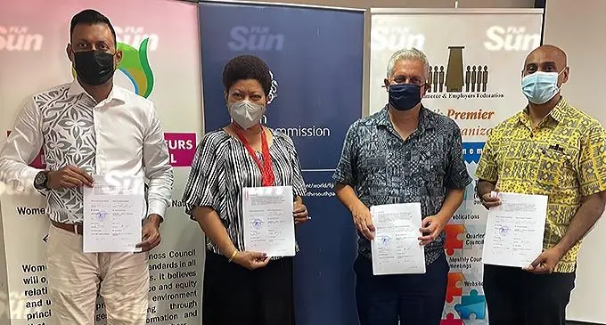From left: Pacific Conflict Stability and Security Fund Programme manager Amitesh Prasad, Women Entrepreneurs Business Council (WEBC) chair Eseta Nadakuitavuki, British High Commission Deputy High Commissioner Paul Welsh and Fiji Commerce and Employers Federation president Vinay Narsey on November 29, 2021. Photo: Maraia Vula