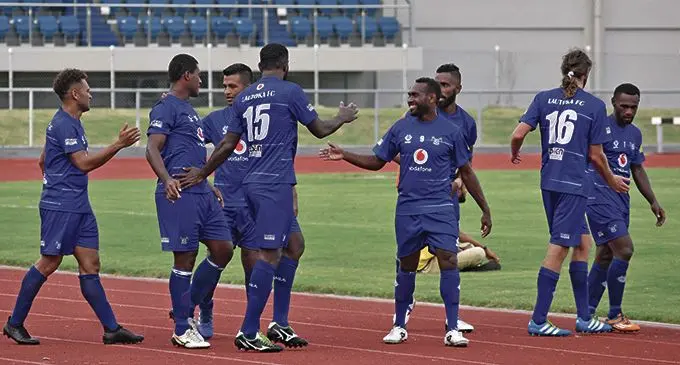 Lautoka players celebrate one of their goals over Henderson Eels at the OFC Champions League match at Churchill Park in Lautoka yesterday. Photo: WAISEA NASOKIA