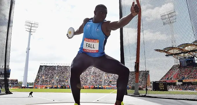 Mustafa Fall during the discus event at the 2018 Commonwealth Games in Gold Coast, Australia. Fall is in the country after he set a national record in shotput with a throw of f 18.35 metres at the National Junior College Athletic Association (NJCAA) Indoor Shotput in the USA, last month. Photo: Zimbio.   Photo:  NRL.com