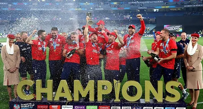 England cricket players celebrate winning the the International Cricket Council Twenty20 World Cup final against Pakistan at the Melbourne Cricket Ground in Australia on November 14, 2022. England became the first team to hold the 50-over Cricket World Cup and 20-over Cricket World Cup at the same time. Photo: ICC