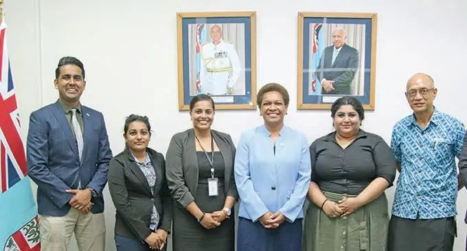 Fijian Minister for Women, Children and Poverty Alleviation Mereseini Vuniwaqa with officials from UNESCAP Subregional office for the Pacific, Ministry of Foreign Affairs and Ministry of Economy during the eighth Asia Pacific Forum on Sustainable Development virtual meeting.