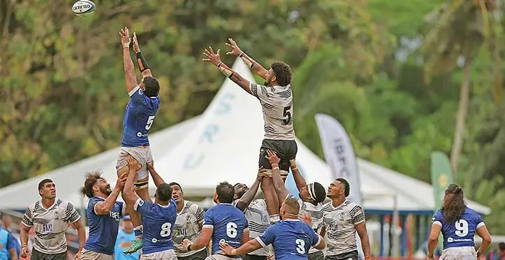 FIJI Water Flying Fijians lock Isoa Nasilasila (lifted right) contests in a lineout against Manu Samoa during the Punjas Pacific Battle match at Apia Park, Samoa on July 29, 2023. Photo: Samoa Observer
