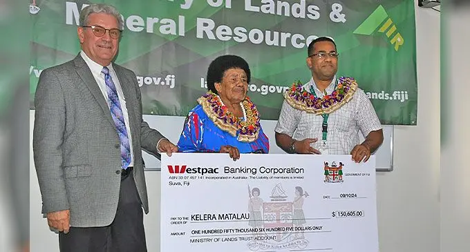 From left: Lion One Metals Limited, chief operations officer (COO) Patrick Hickey, Marama ni Mataqali Nacokula and Yavusa Rarawaqa, Kelera Matalau and Minister for Lands and Mineral Resources Filimoni Vosarogo at the presentation of the Lion One royalty. Photo: Waisea Nasokia