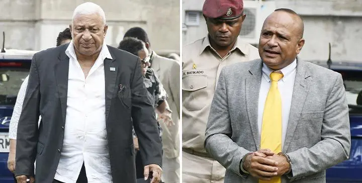Former Prime Minister Voreqe Bainimarama former Police Commissioner Sitiveni Qiliho at the Suva Magistrate Court on June 2, 2025. Photos: Ronald Kumar