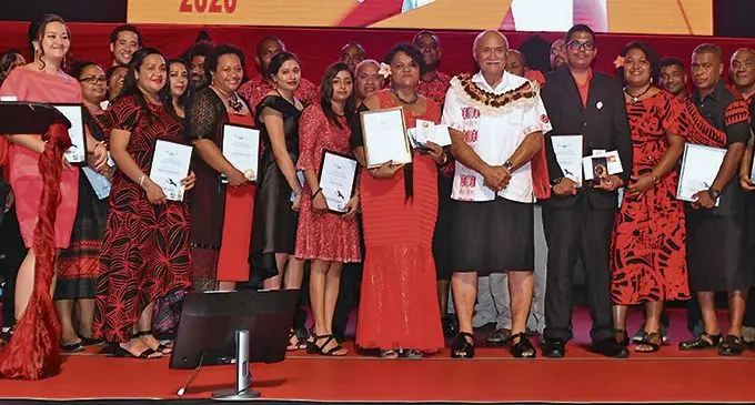 President Major-General (Ret’d) Jioji Konusi Konrote with Water Authority of Fiji staff members during their 2020 Water Medal of Excellence Awards night at the FMF Gymnasium on Friday,  February 19, 2021.  Photo: DEPTFO News