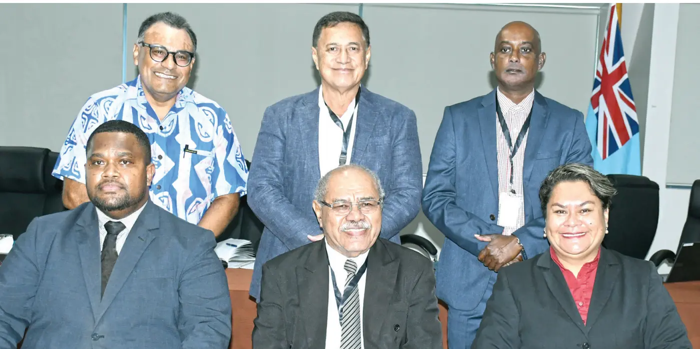 From left: (sitting) Assistant Director of Public Prosecutions Meli Vosawale, CRC chairperson Sevuloni Valenitabua and Acting director Nancy Tikoisuva with members (standing, from left) Conway Beg, Dr John Fatiaki and Dr Neelesh Gounder after making their submission to the Constitutional Review Committee on April 23, 2026. 