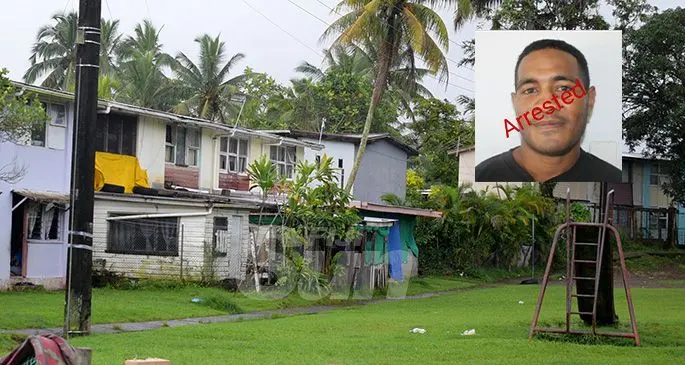 Residents of Browning Street in Raiwaqa witness the arrest of the escapee. Inset: Timoci Belo 
