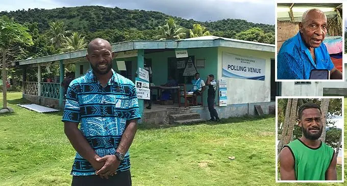 Daku Village headman, Sailasa Raivakadula at the pre-poll venue in the village in Kadavu. Top Right Inset: Eperoni Selimanabure after casting his vote. Bottom Inset: Daku Village’s youngest voter, Usaia Matakada on December 5, 2022. Photo: Jone Salusalu