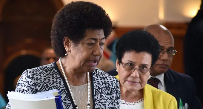 Leader of the Opposition Ro Teimumu Kepa (left) with SODELPA MP Mere Samisoni outside Parliament on March 9, 2018. Photo: Ronald Kumar