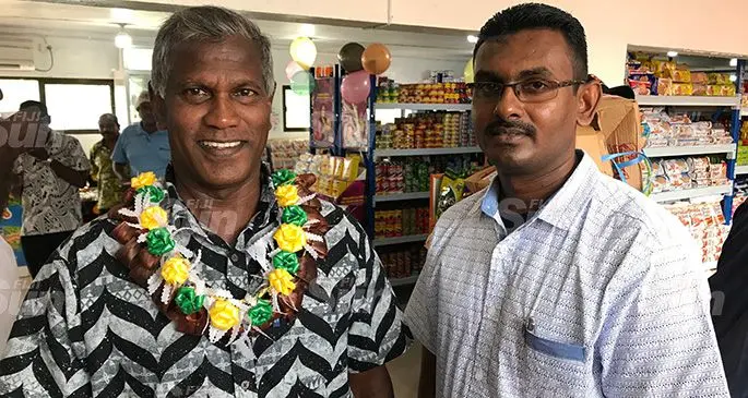 From left: Assistant Minister for Sugar George Vegnathan, with the director director for Suntek Fiji (PTE) Limited Shiu Sundar inside his new supermarket in Vulovi, Labasa, on September 28, 2019. Photo: Selita Bolanavanua