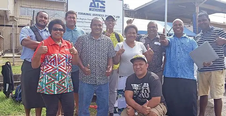 About 50 staff members who were terminated during the COVID-19 pandemic in 2020, returnto work in various departments at the Air Terminal Services in Nadi. Photo: Mereleki Nai