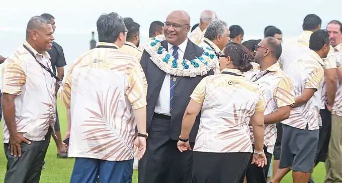 Minister for Trade, Manoa Kamikamica (garland) with Business Assistance Fiji staff during Business Assistance Fiji’s Micro, Small and Medium Enterprises conference 2024 at Grand Pacific Hotel in Suva on March 7, 2024. Photos: Ronald Kumar