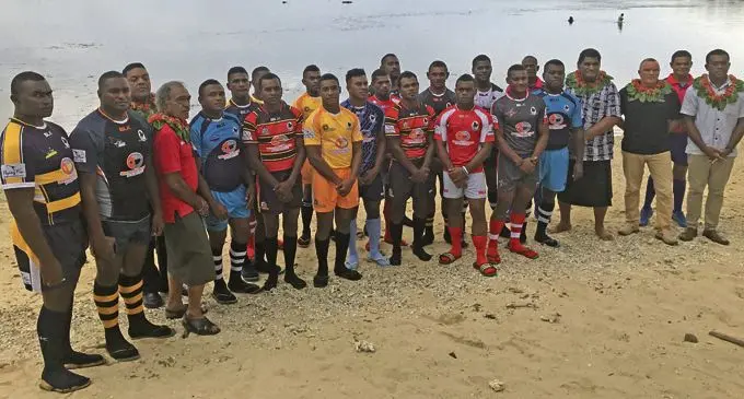 Fiji Rugby Union chief executive officer John O’Connor (right) and players from the franchise teams to play in today’s Nadroga Rugby Union’s Super 8 competition at Coral Coast, Sigatoka on March 2, 2018.   Photo: Waisea Nasokia