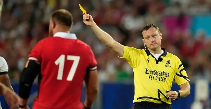 England referee Matthew Carley during the RWC 2023 match between Wales v Fiji. Source: AFP