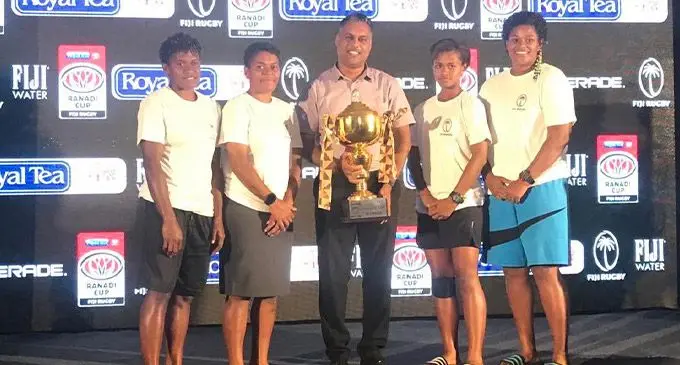 CJ Patel Group marketing manager Ashwin Prasad (centre) with rugby players at the RB Harbour Point Convention Centre in Lami on March 8, 2023. Photo: Sereana Salalo