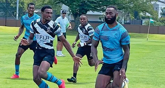  Team Fiji men’s rugby sevens players (left-right) Joseva Talacolo, Iosefo Masi, Gareth Baber, Waisea Nacuqu, Semi Radradra during training in Oita City, Japan, on July 14, 2021.  Photo: FASANOC