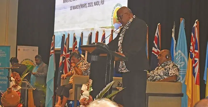 Minister for Fisheries and Forestry, Kalaveti Vodo Ravu speaking during the Third Joint Pacific Ministers of Agriculture and Forestry meeting at the Sofitel Fiji Resort and Spa. Photo: Mereleki Nai
