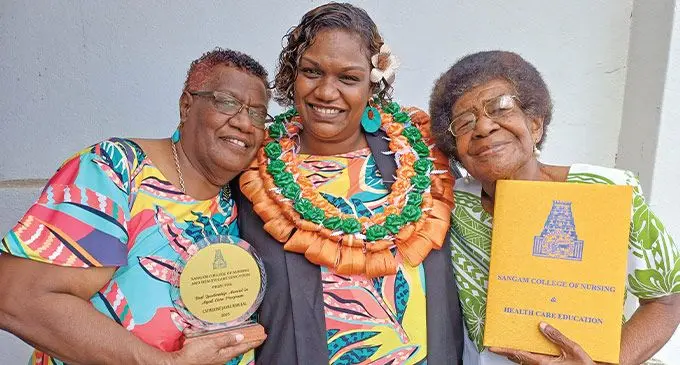 From Left: Olly Senikarawa with her daughter, Catherine Lal and relative, Unaisi Tuidama during the Sangam Institute of Technology College of Nursing and Health Care Education graduation at Civic Centre in Labasa on July 28, 2023. Photo: Shratika Naidu