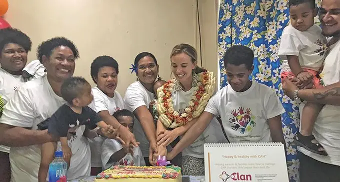 Australian High Commision First Secretary of health Fleur Calcutt (third from right) with children diagnosed with congenital adrenal hyperplasia (CAH)on November 24, 2023.