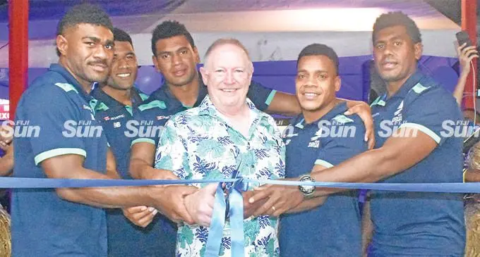 Swire Shipping Fijian Drua players during the opening of the Fijian Drua Shop operated by Jack’s of Fiji at Port Denarau, Nadi, on April 23, 2022. From left: Vinaya Habosi, Raikabula Momoedonu, Kitione Salawa, Brian Thorburn (Drua chief executive officer), Napolioni Bolaca and Kalione Nasoko. Photo: Waisea Nasokia