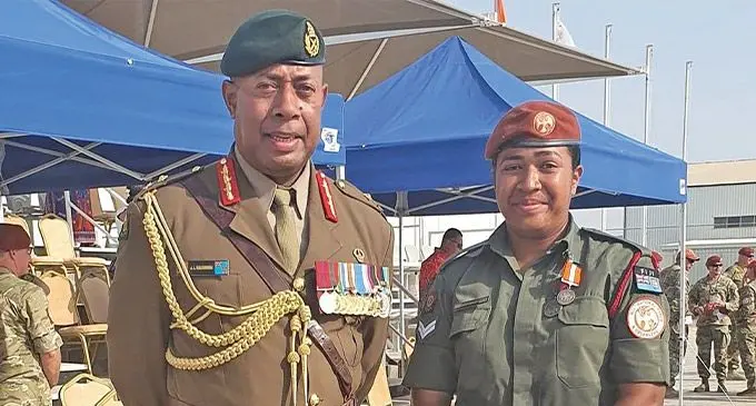 Republic of Fiji Military Forces Corporal Marica Kotobalavu with RFMF Commander Major-General Ro Jone Kalouniwai at the Multinational Force Observer in Sinai, Egypt, in 2022