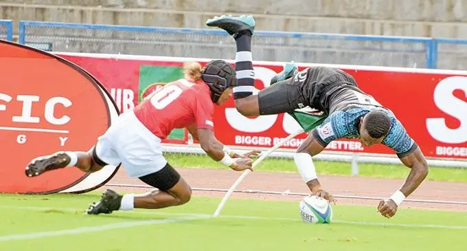 Fijian Shadow winger Jiuta Wainiqolo dives over to score a try against Vonokula during the Fiji Bitter Marist 7s at the ANZ Stadium, Suva, on March 26 , 2021.  Photo: Ronald Kumar