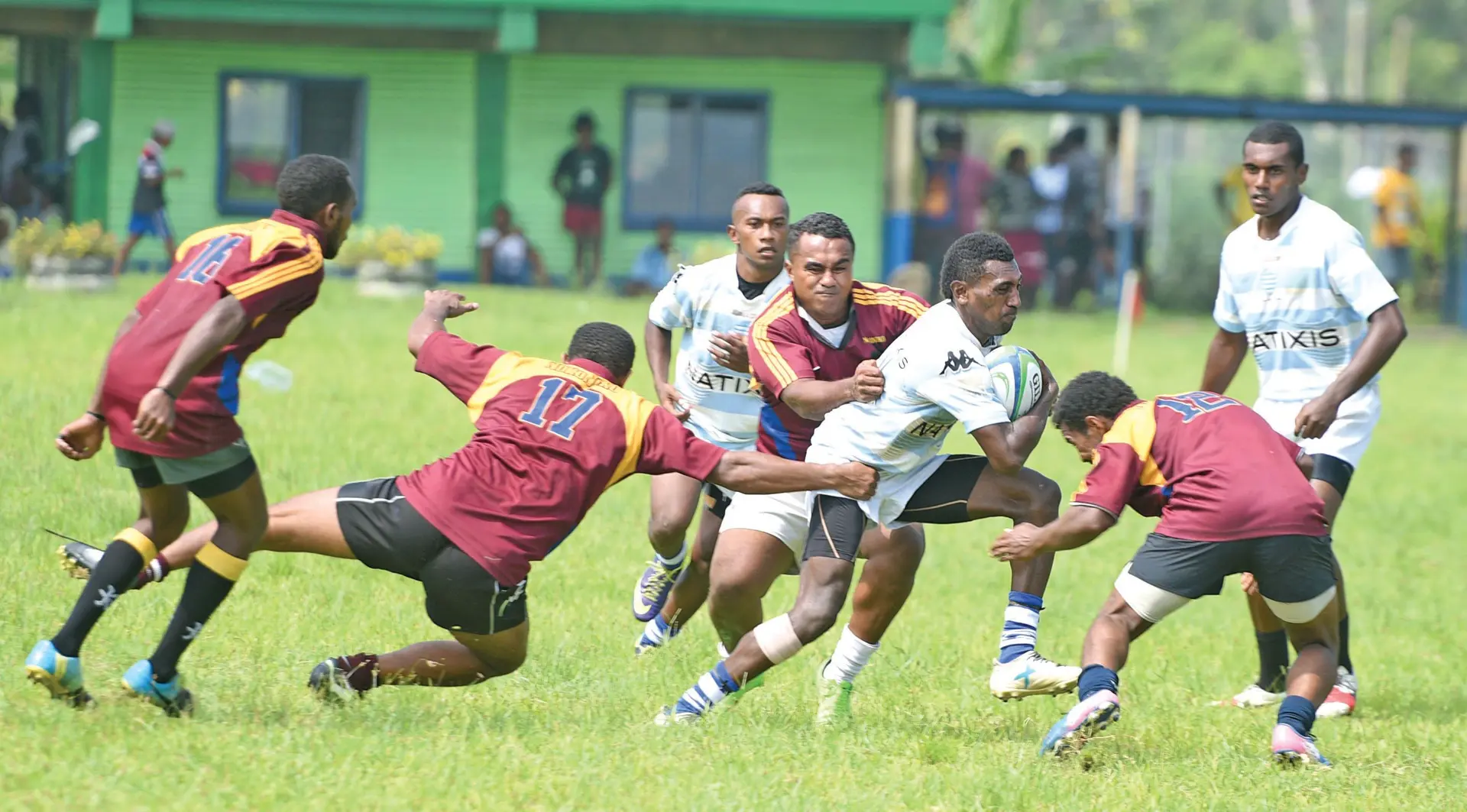Rewa Rugby Union club competition action between Nokonoko (red) and Tacilevu (white) at Burebasaga ground on February 17, 2018. Photo: Ronald Kumar.
