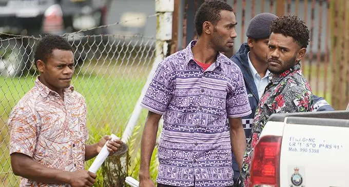 From left: Donasio Ratubuli, Waisale Sigakalele and Inoke Waiseyaki outside Navua Court on April 6, 2020.  Photo: Ronald Kumar