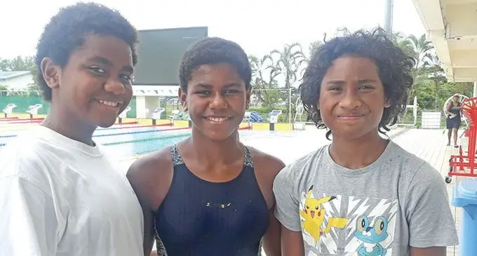 Barracuda swimmers, from left: Patricia Verebasaga, Vivita Bai and Kelera Mudunasoko, during the Long Course Grand Prix mini meet at the Aquatic Centre, Laucala, Suva on February 13, 2021. Photo: Sereana Salalo