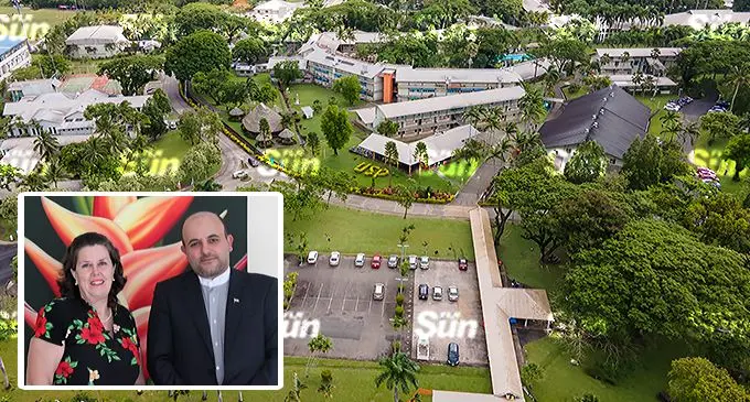 A drone photo of the University of the South Pacific campus in Laucala Bay, Suva. Photo : Leon Lord. INSET: Former Deputy Vice-Chancellor Professor Susan Kelly (left), with Non-Resident Ambassador-Designate of the Islamic