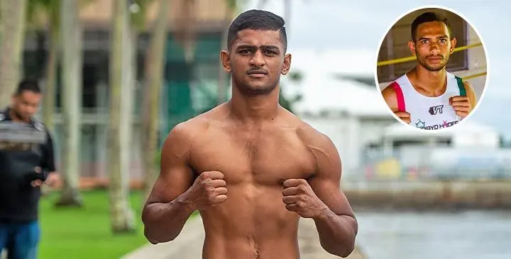 Fiji’s super bantamweight boxer Junior Binnu Singh in Suva on June 9, 2025. Photo: Josua Buredua/Inset: The late Nathan Singh also known as Ubayd Haider.