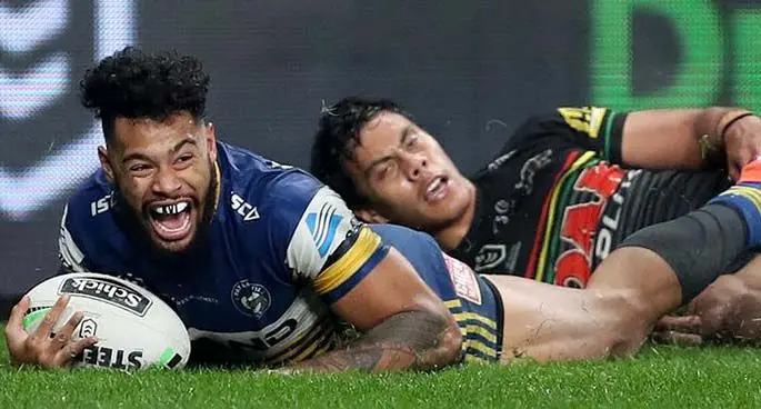 Parramatta Eels centre Waqa Blake shows his joy for scoring the first try against Penrith Panthers at the Central Coast Stadium in New South Wales on June 12, 2020. Eels won 16-10 to remain unbeaten in the NRL. Photo: NRL.ccm